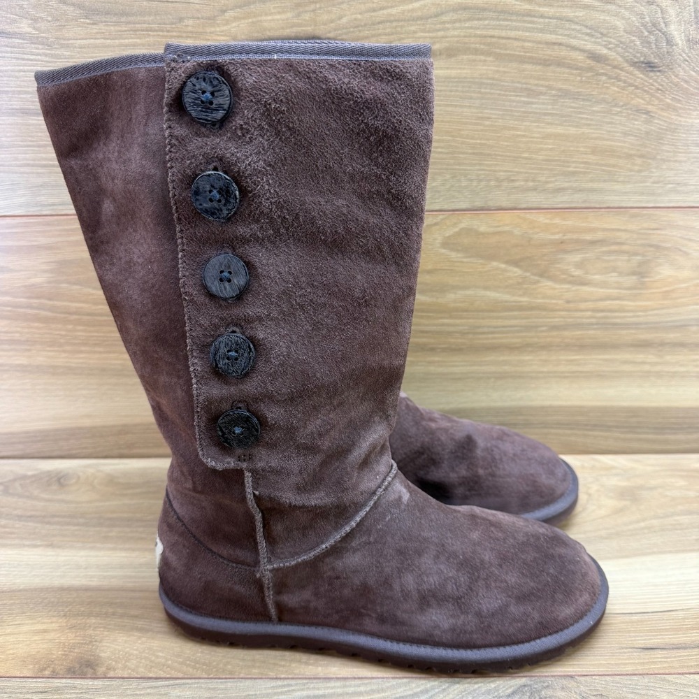UGG Low Pro Button Fold Over Boots Womens 8 Brown Suede Y2K Cozy Mid Calf